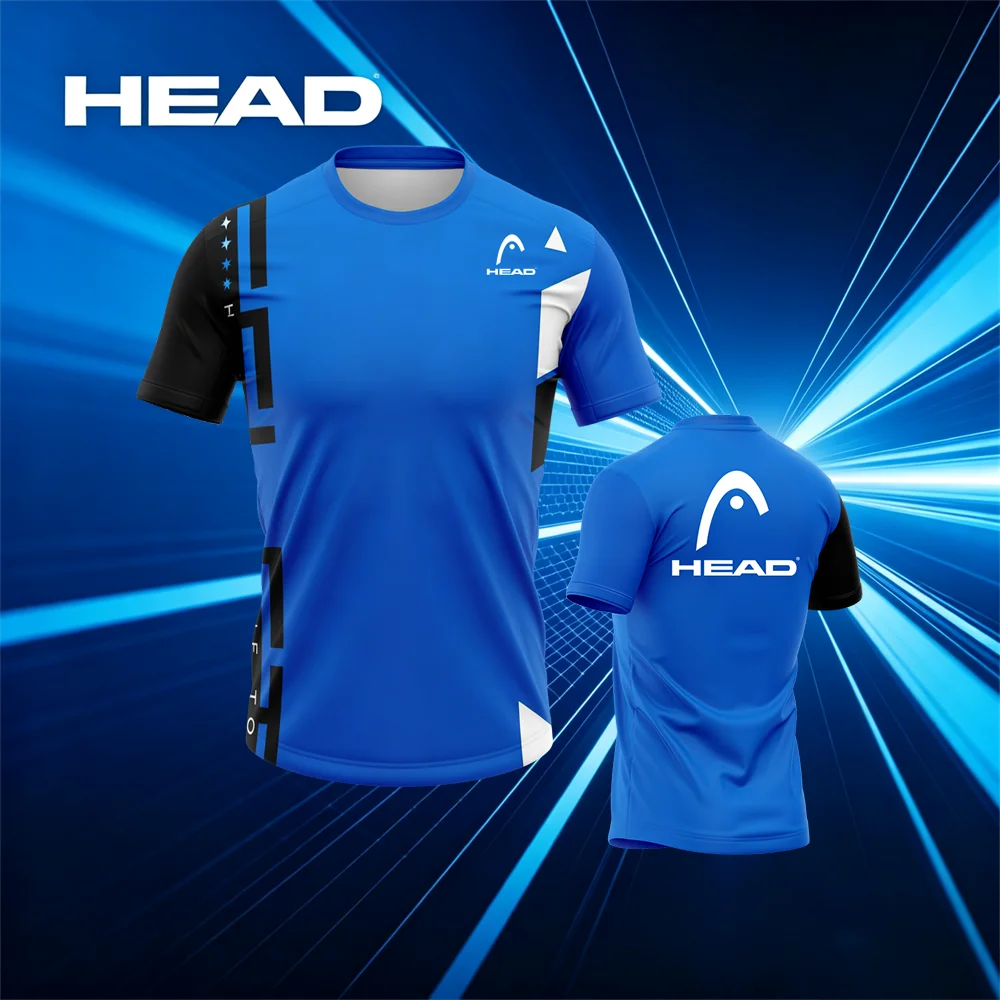 HEAD Sports T-Shirt Royal Blue Black White Geometric Panel Design Short Sleeve Tennis Training Shirt