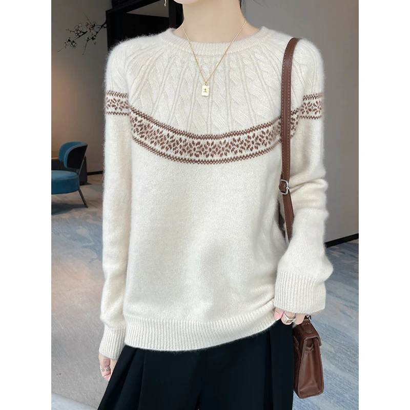 

New Women's 100% Merino Wool Luxury Sweater Jacquard Knitted Thick Pullover Autumn Winter Cashmere Casual Comfortable Top Cloth