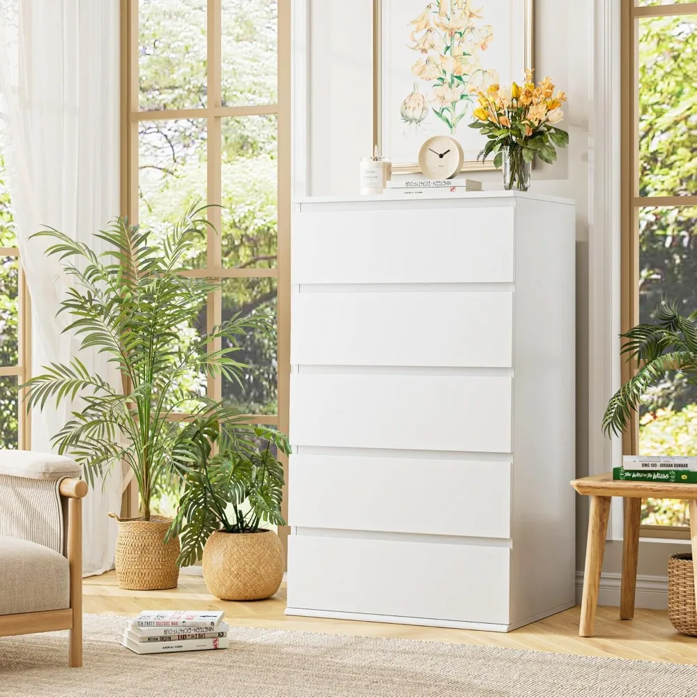 FOTOSOK White Dresser, 5 Drawer Dresser Tall White Dresser with Large Storage Space, Modern Storage Chest of Drawers