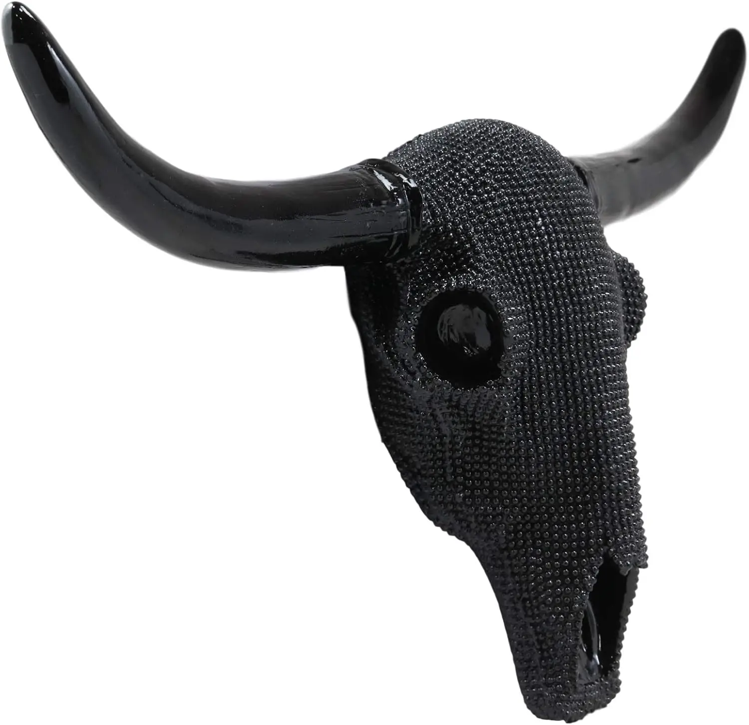 Large Longhorn Cow Cattle Skull Wall Head Mount Decor, 18.25-Inch Wide, Bejeweled Black Beads Hanging Sculpture Plaque, Bull Steer Figurine Trophy, Taxidermy Animal Skulls for Bulls Cows Steers