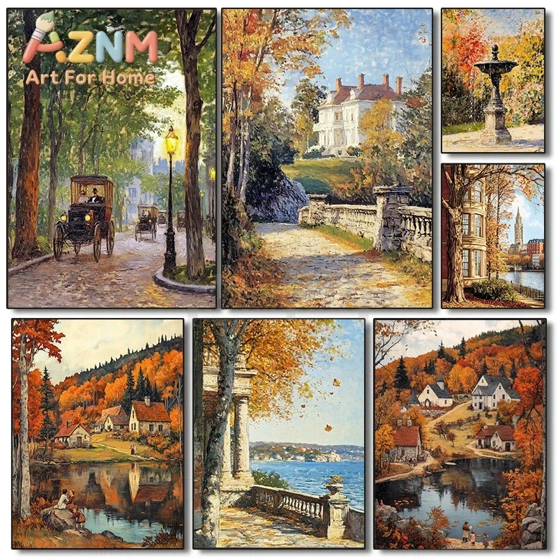 Vintage Oil Painting season Atmospheric Village Forest Flower Landscape Posters Canvas Art Print Home Room Wall Pictures Deco
