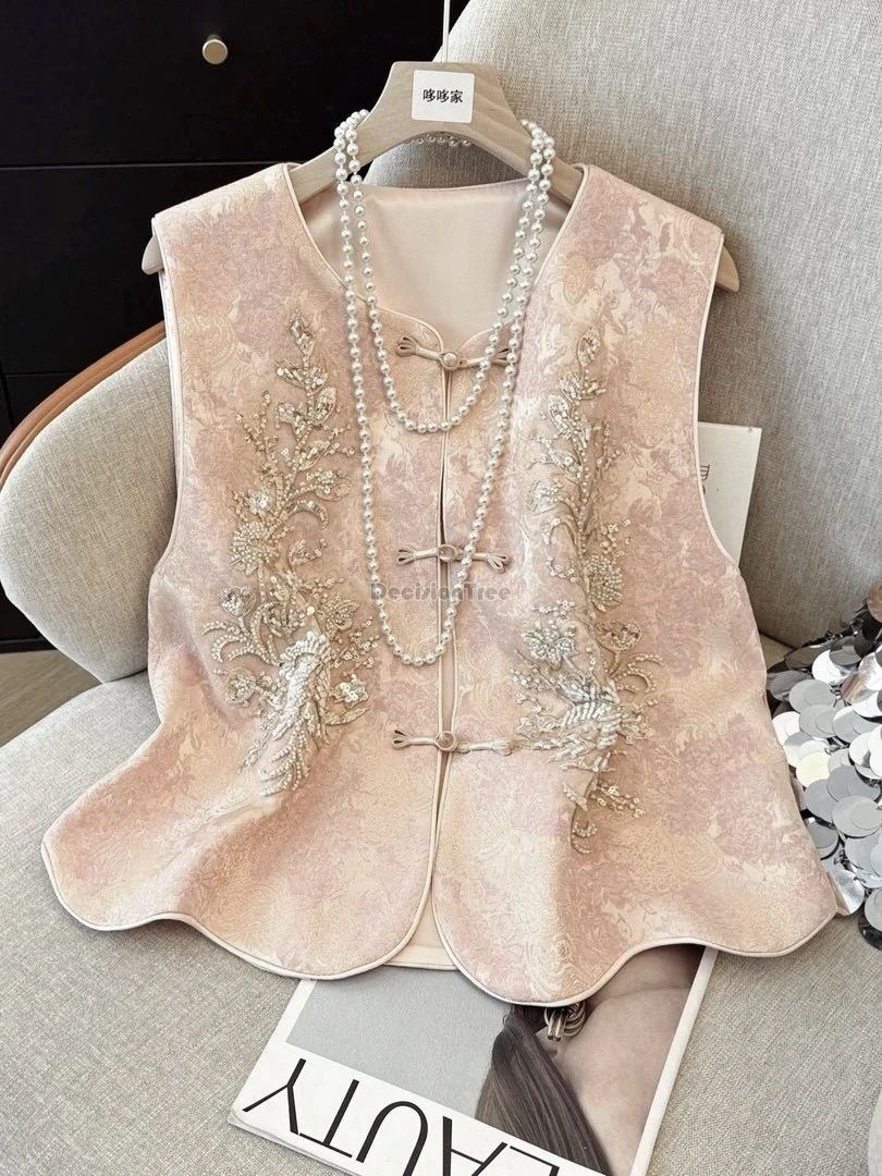 

2026 new chinese traditional retro style tang suit retro jacquard jacket for women summer beading embroidery sleeveless vest