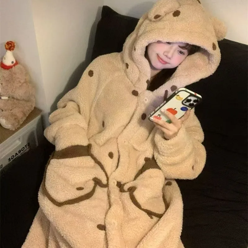 2026 New Style Warm Fleece Thickened Korean Women Bathrobe Cute Ladies Coral Fleece Hoodie Loungewear Dressing Gown
