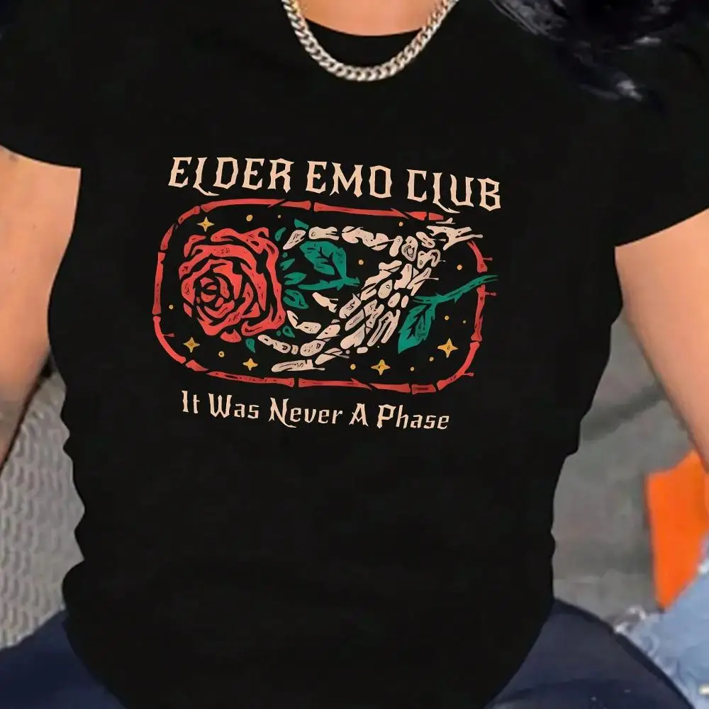 Oversized Women s T-Shirt Elder Emo Club Graphic Tee With Rose Hand Design It Was Never A Phase Slogan Perfect For Music Festivals Casual Wear Fa