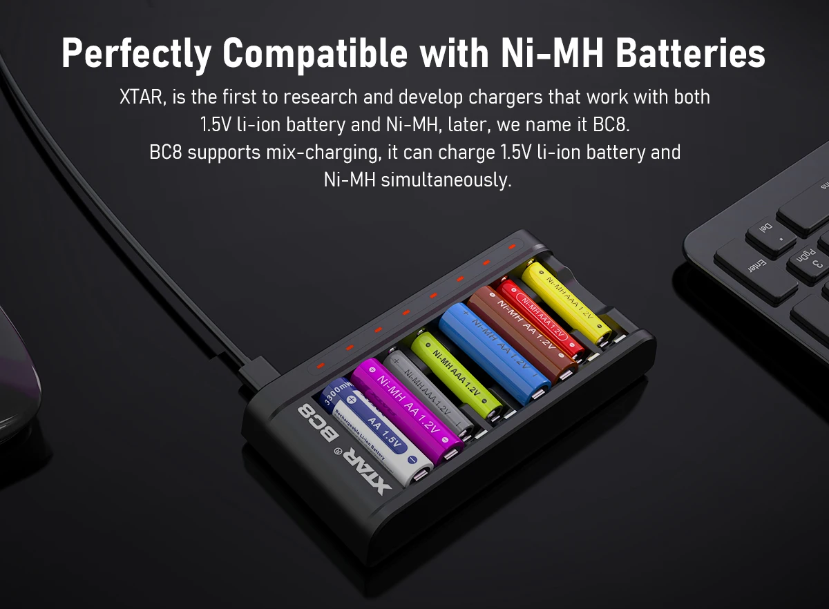 XTAR BC8 Battery Combo Set with optional 8PCS 1.5V AA 3300mWh or 8PCS 1.5V AAA 1200mWh Rechargeable Li-ion Batteries
