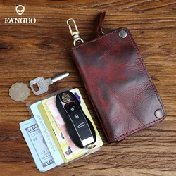 Genuine Leather Men's Key Wallet Handmade Leather Housekeeper Key Holder Card Slot With Zipper Coin Purse Organizer Key Bag