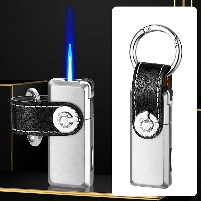 Metal Keychain Butane Torch Lighter, Classic Grinding Wheel Ignition, Direct Injection Windproof Blue Flame, Portable Lighter