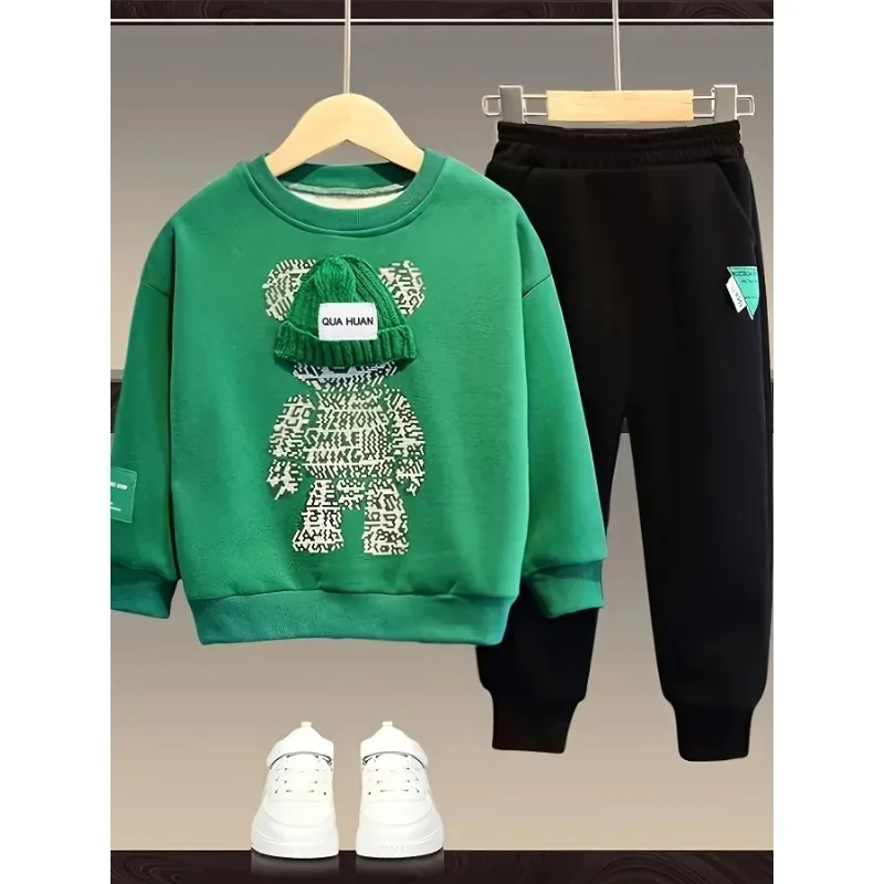 2pcs Spring Autumn Kid Boy Clothes Long Sleeve Bear Pattern Pullover Sweatshirt and Pants Set