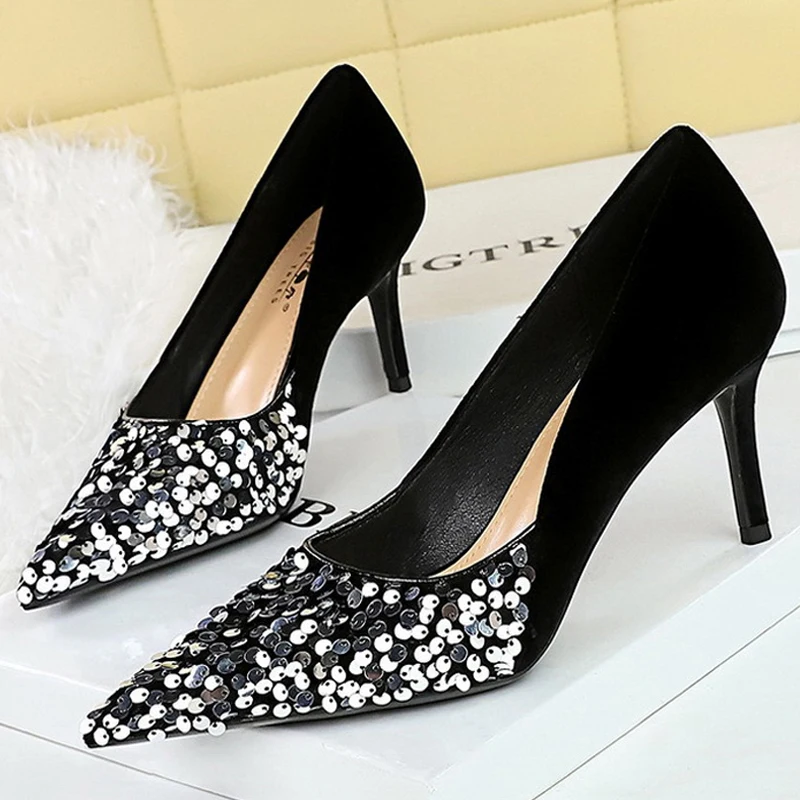 BIGTREE Shoes Women 7 Cm Heels Pointed Patchwork Sequin Cloth Women Pumps Luxury Banquet Shoes Stilettos Design Ladies Heels