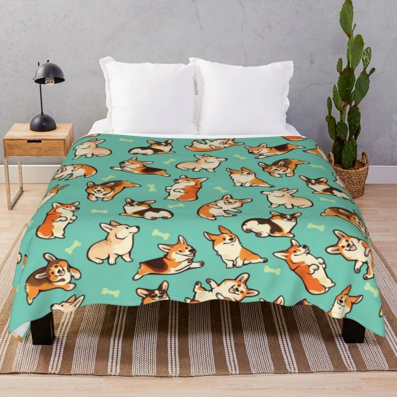 Jolly Corgis In Green Blankets Fleece Autumn Comfortable Unisex Throw Blanket for Bed Sofa Travel Office