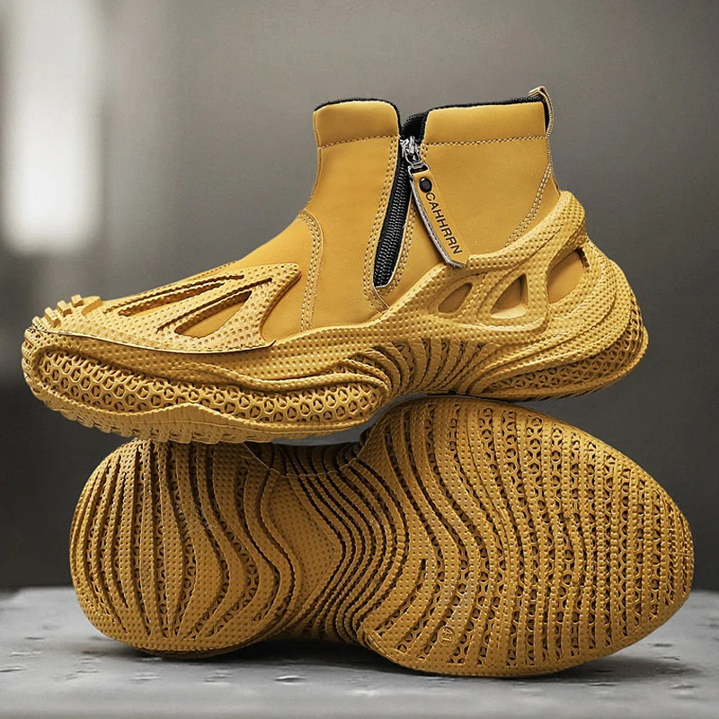 

Желтые высокие кроссовки, мужские уличные туфли на молнии, меха, мужская спортивная обувь, уличные мужские ботильоны на платформе, chaussure hommes
