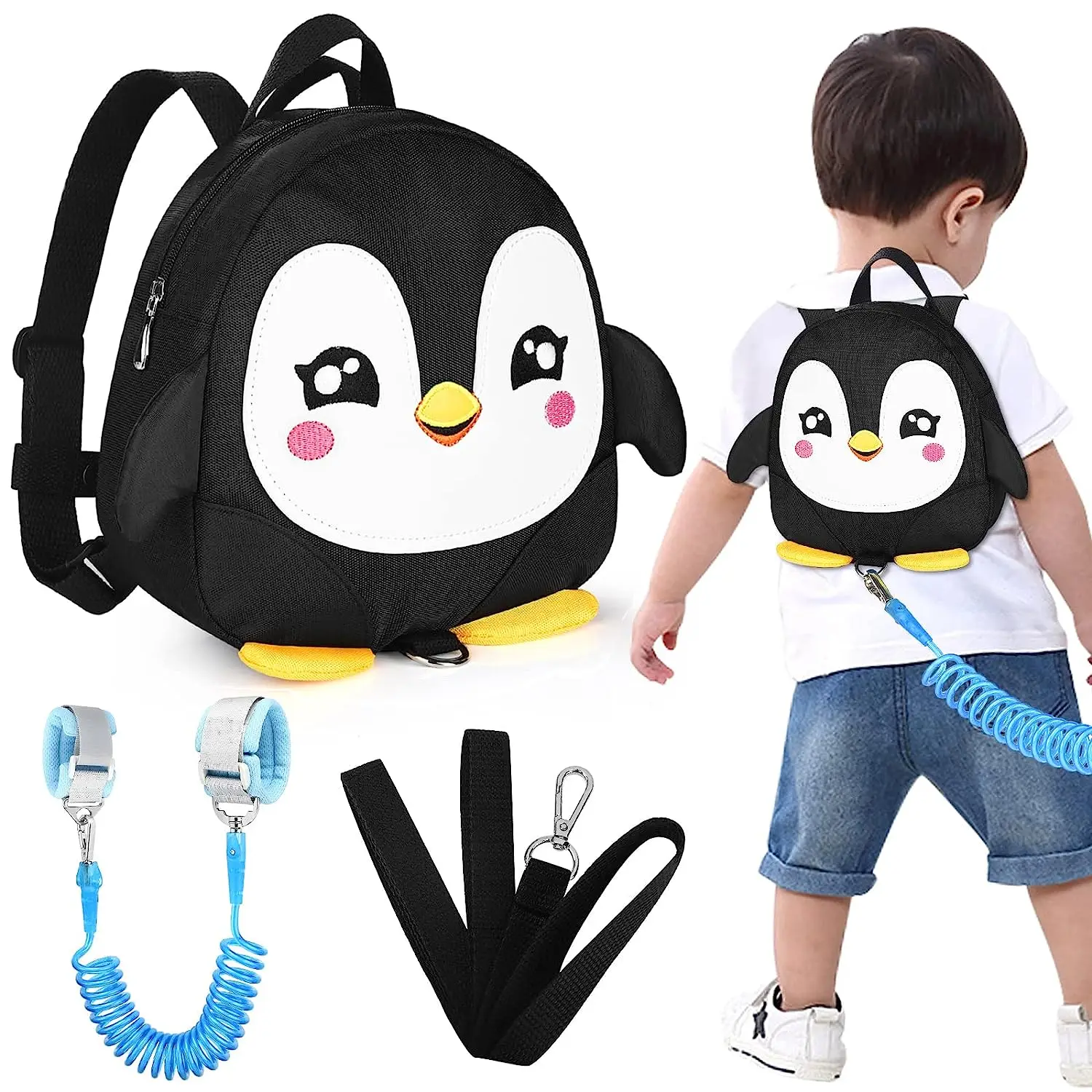 Toddler Harness Backpack Leash, Cute Penguin Kid Backpacks with Anti Lost Wrist Link(Purple)