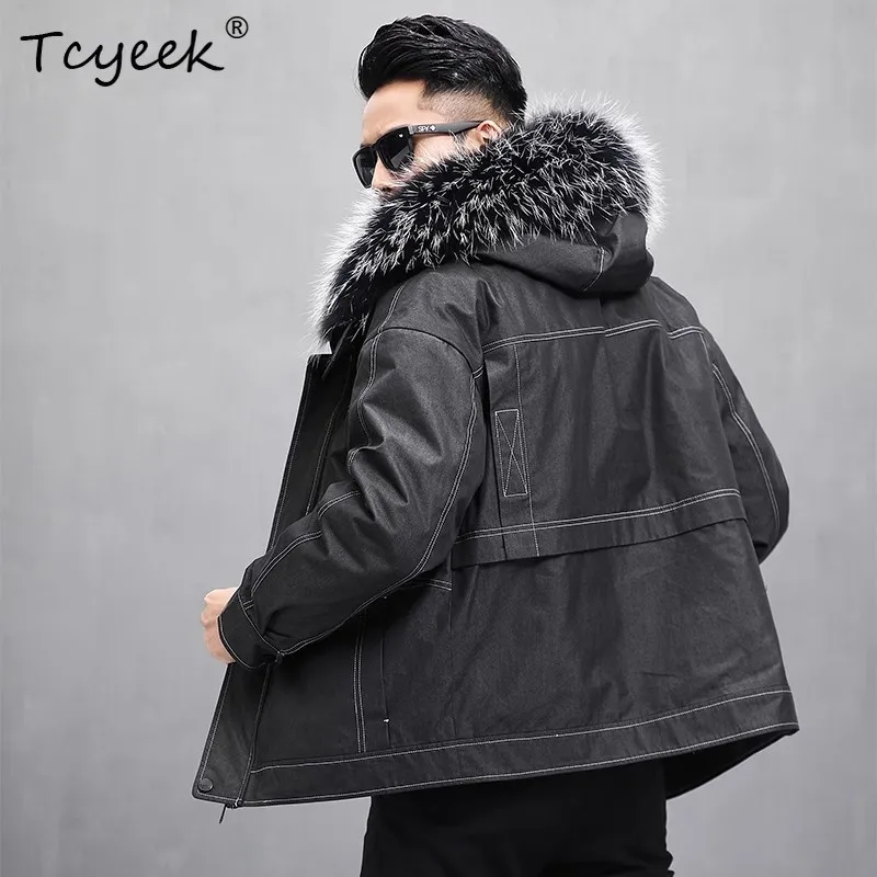Tcyeek Real Fur Mens Coats Hoodie Rex Rabbit Parka Winter Jacket for Men Clothing Warm White Raccoon Dog Collar Куртка Мужская