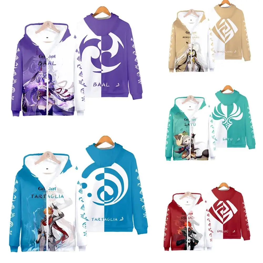 

2026 Autumn 3D Genshin Impact Zipper Hoodie Cosplay Costume Mona Kaeya Klee Diluc Venti Paimon Zhongli Keqing Ganyu Sweatshirt