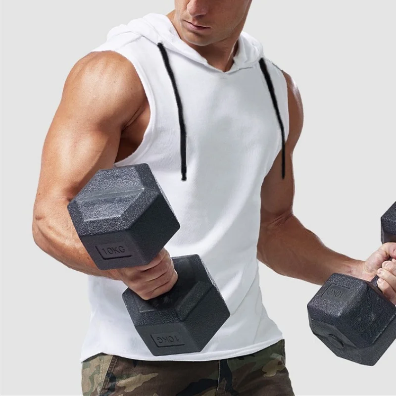 

Pure color brand new men's vest in 2025, sleeveless T-shirt, men's hooded vest, hip-hop men's vest, sense of strength, slim-fitt