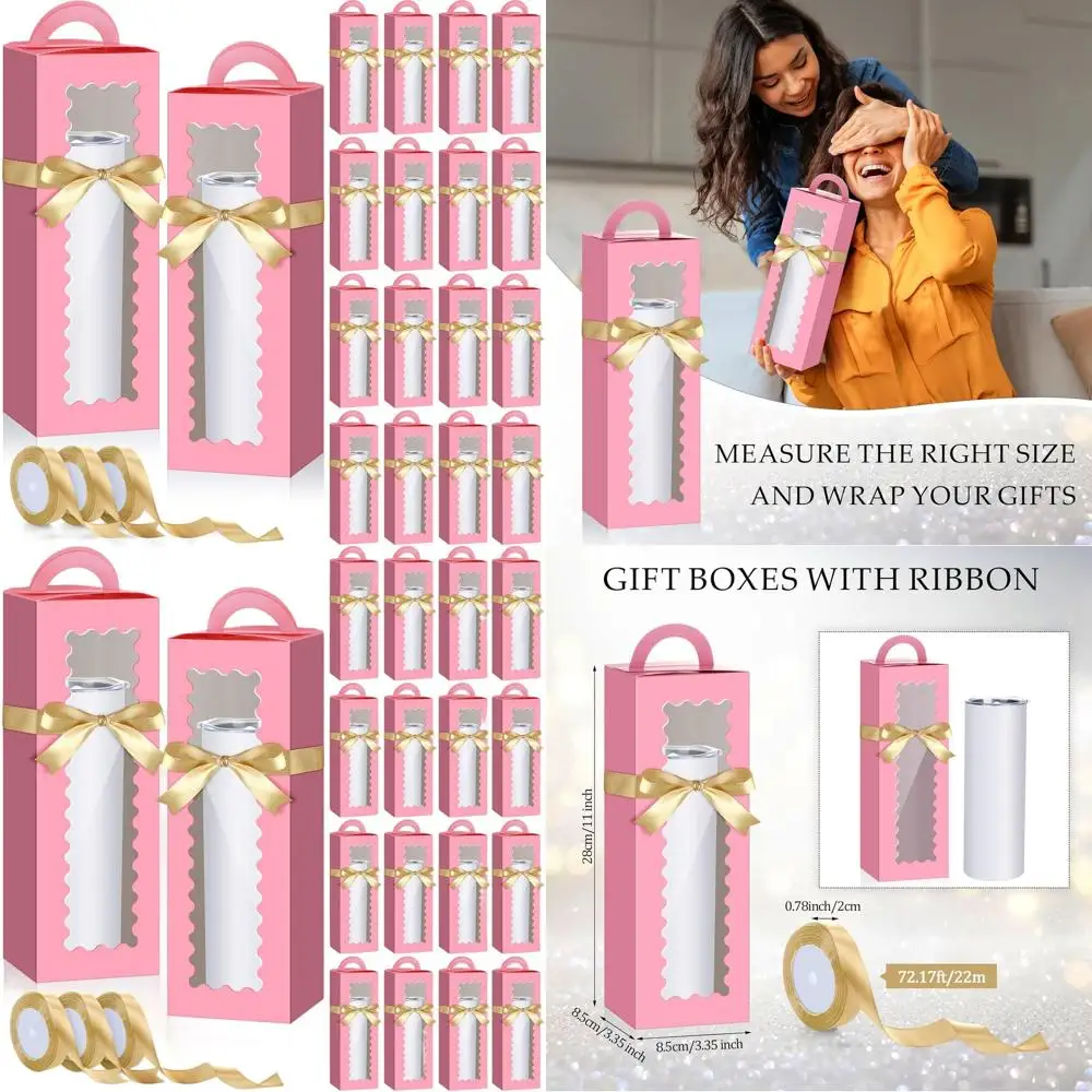 علب هدايا بهلوان من الزجاج الشفاف مكونة من 100 قطعة مع مقبض نافذة وأشرطة وأحجام لـ 12 أونصة، 16 أونصة، 20 أونصة، 30 أونصة - مثالية لـ Chri