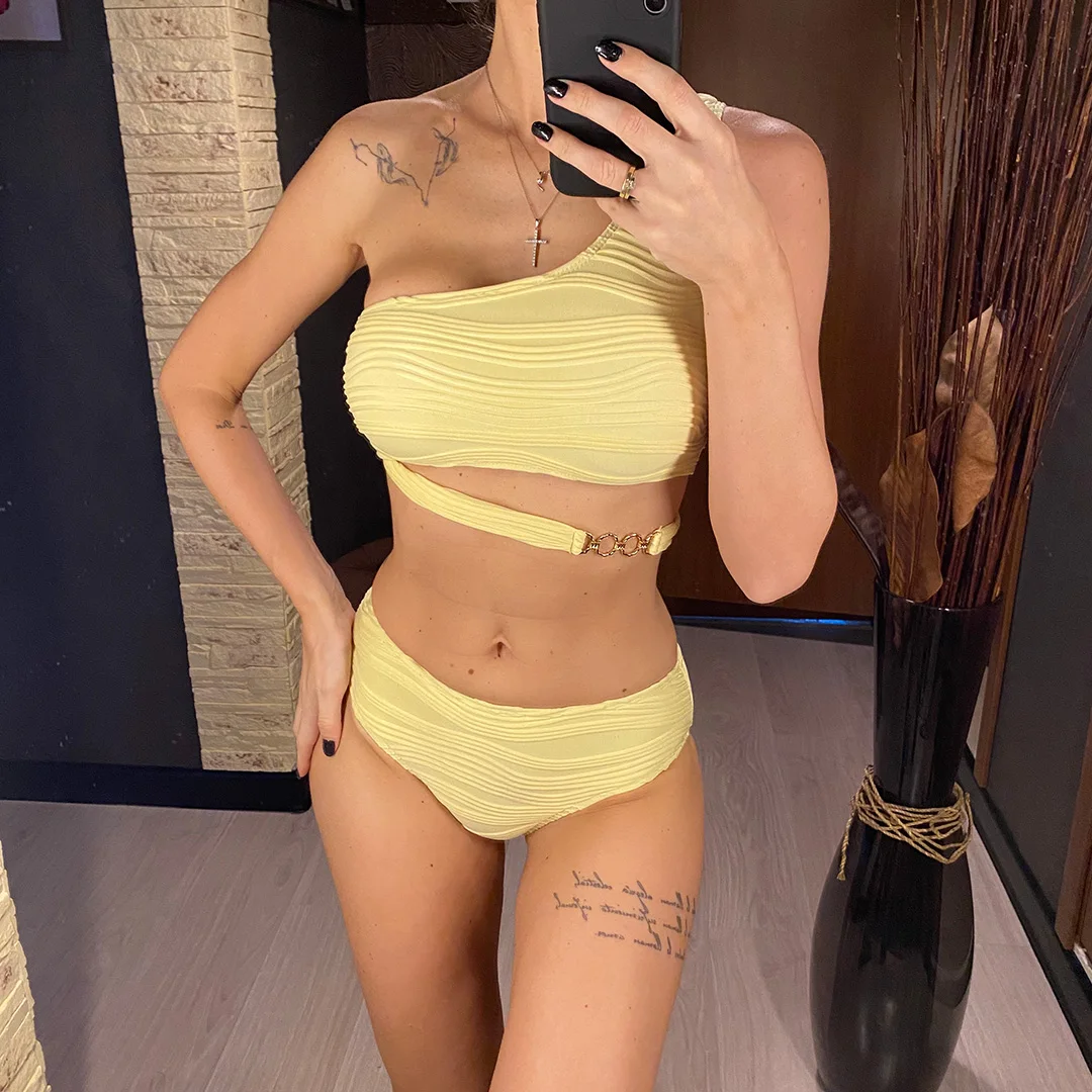 Sexy One-Shoulder-Bikini mit gerafftem Design und Metallring, zweiteiliges Bikini-Set, Damen-Badebekleidung, Badeanzug, Badebekleidung, Badeanzug, Modell V4134 – Detail 3