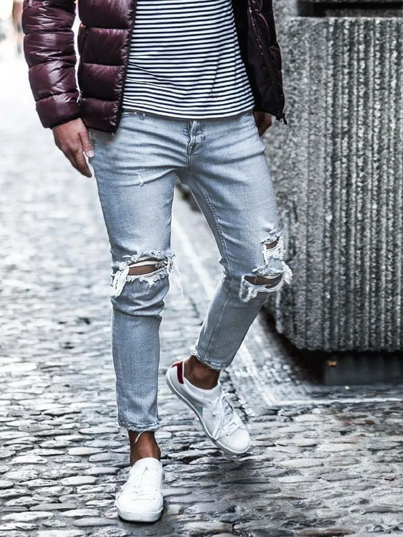 2024 New Male Hip Hop Jean Trousers Mens Solid Color Hole Skinny Vintage Jeans Fashion Washed Ripped Slim Denim Pants For Men