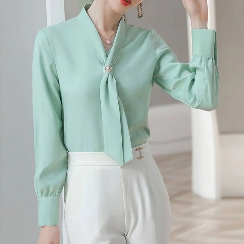 Green White Korean Elegant Office Lady Shirt Spring Autumn Women Bow Chic Temperament Long Sleeve Loose Blouse Tops Blusas Mujer