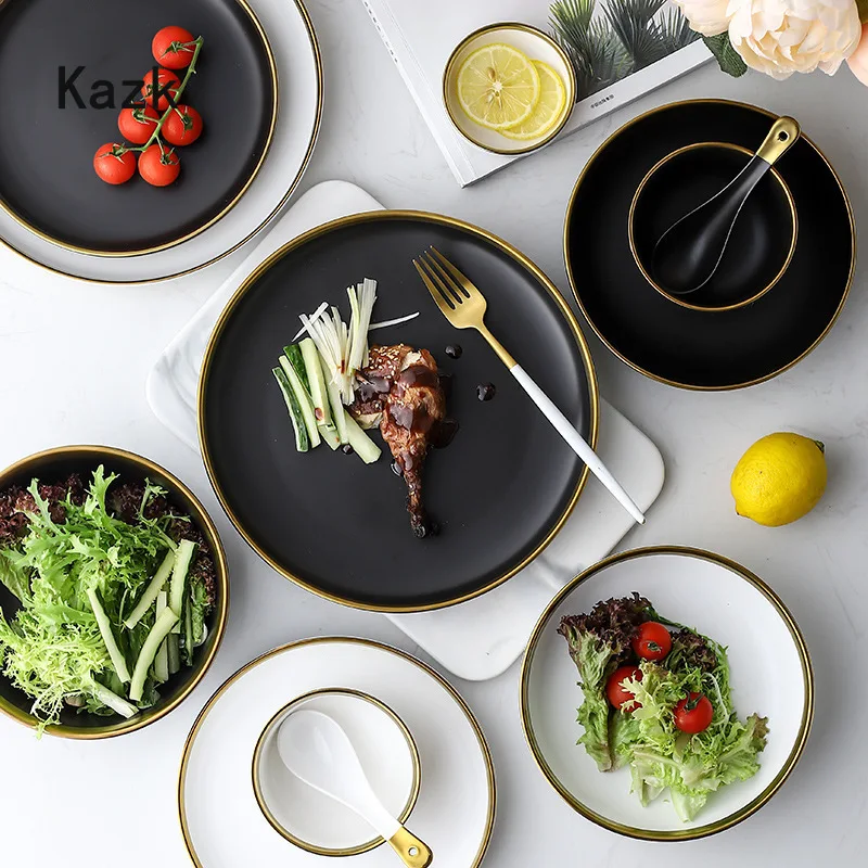 Black White Matte Porcelain Dinner Plate Nordic Gold Stroke Spaghetti Western Plates and Bowls Salad Dishes Kitchen Tableware