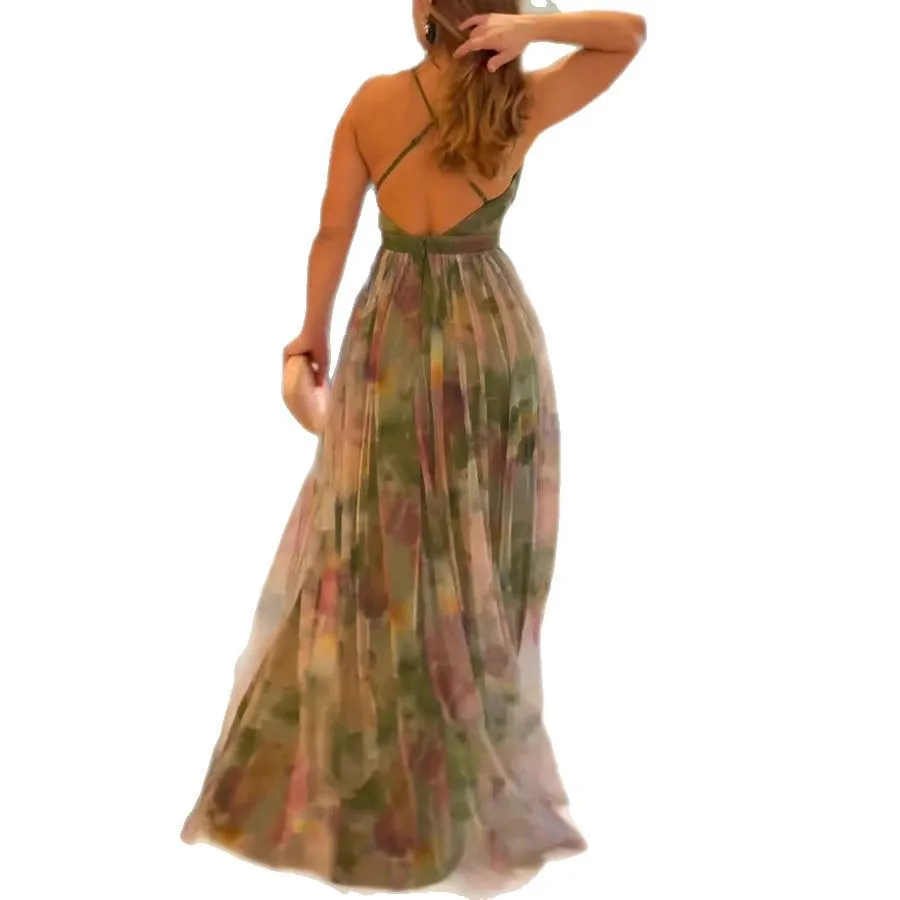 Women Summer New Mesh Printing Strap Dress Vacation Casual Long Loose Sleeveless Sexy Dress