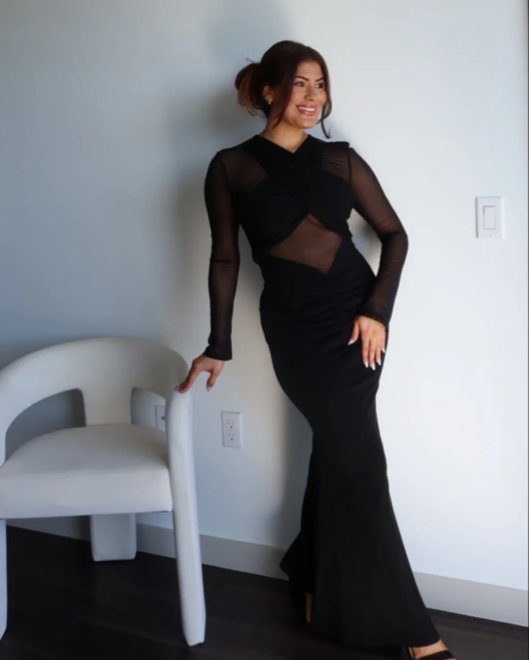 Abito lungo sexy in rete increspata per le donne vedere attraverso patchwork manica lunga abiti lunghi sottili festa femminile clubwear ballo di fine anno 2025 nuovo