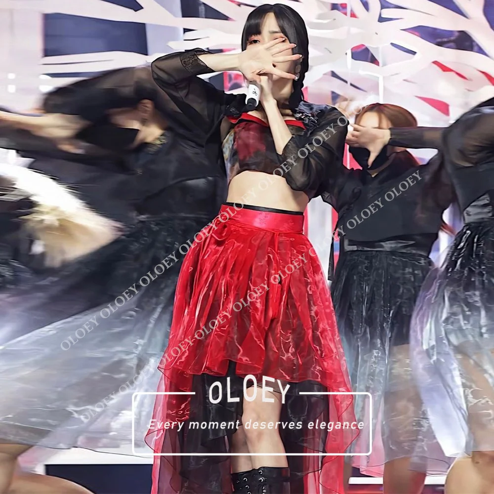 OLOEY Modern Red Black Concert Hanbok Set 3 PCS 2026 Korean Photo Shoot Organza Performance Dress Customized Top Jacket Skirt