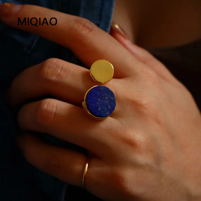 

MIQIAO Natural Stone Lapis Lazuli Rings Silver 925 Women's Ring Adjustable Geometric Circle Fine Jewelry 2024 New In