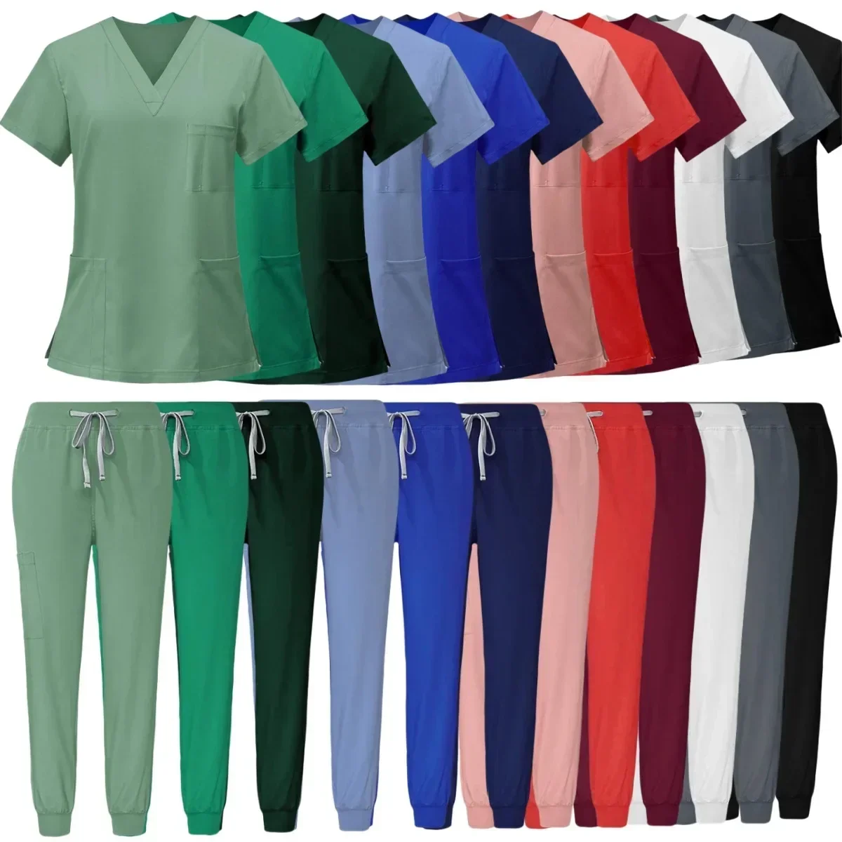 

Hot Sale Anti Wrinkle Washable Soft Fabric Nurse Scrubs Hospital Uniform Medical Scrubs Women Jogger Scrubs Sets Pair