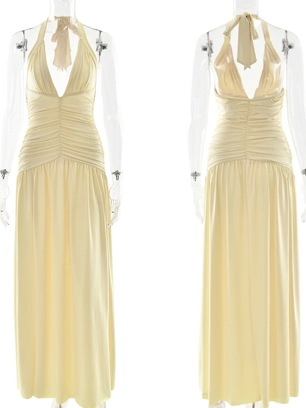 Sibybo Mouwloze Diepe V-hals Elegante Maxi Jurk Vrouwen Jurken Zomer Halter Backless Side Split Ruches Avond Jurken Gewaad