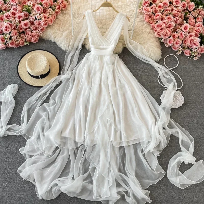 Super Fairy Maxi Chiffon Dress Women Elegant V-neck Sleeveless Big Swing Beach Dress Holiday Seaside Court Train White Dress