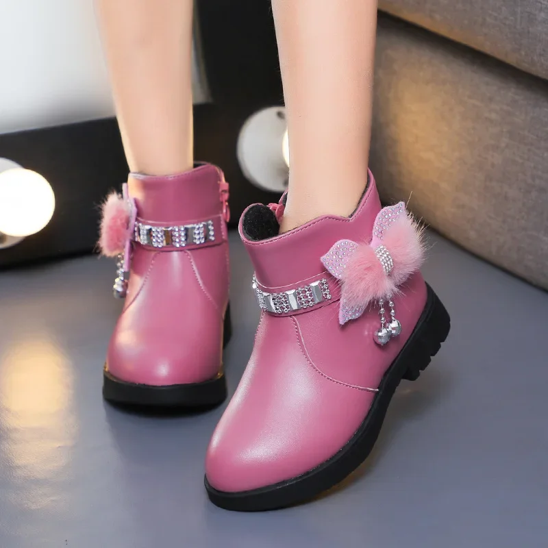 2023 Autumn Winter Girl\'s Boot Soft Leather Ankle Boots Plus Velvet Warm Kids Shoes Toddler Non-slip Cotton Boots Princess Shoes