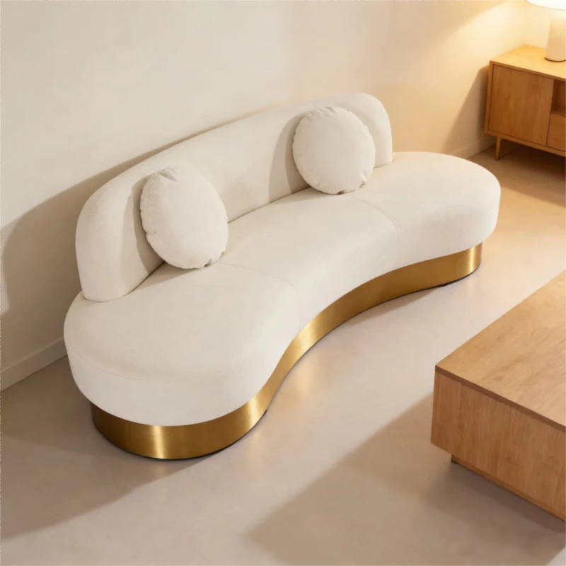 

beige wool curved sofa, gold base, light luxury style living room sofa, light luxury decoration sofa