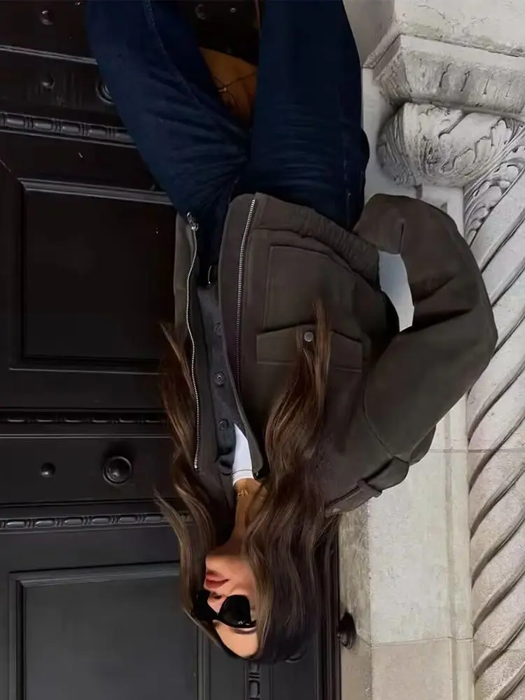 

HH женская осенняя мода 2025 года, универсальная замшевая текстурированная куртка с длинными рукавами и лацканами, женская повседневная куртка с карманами на молнии, 3 цвета, пальто Mujer