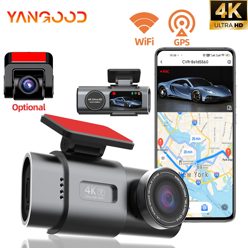 

Миниатюрный UHD 4K WiFi видеорегистратор с двумя камерами, опциональной задней камерой 1080P, GPS, круглосуточным мониторингом парковки и бесплатным управлением через приложение