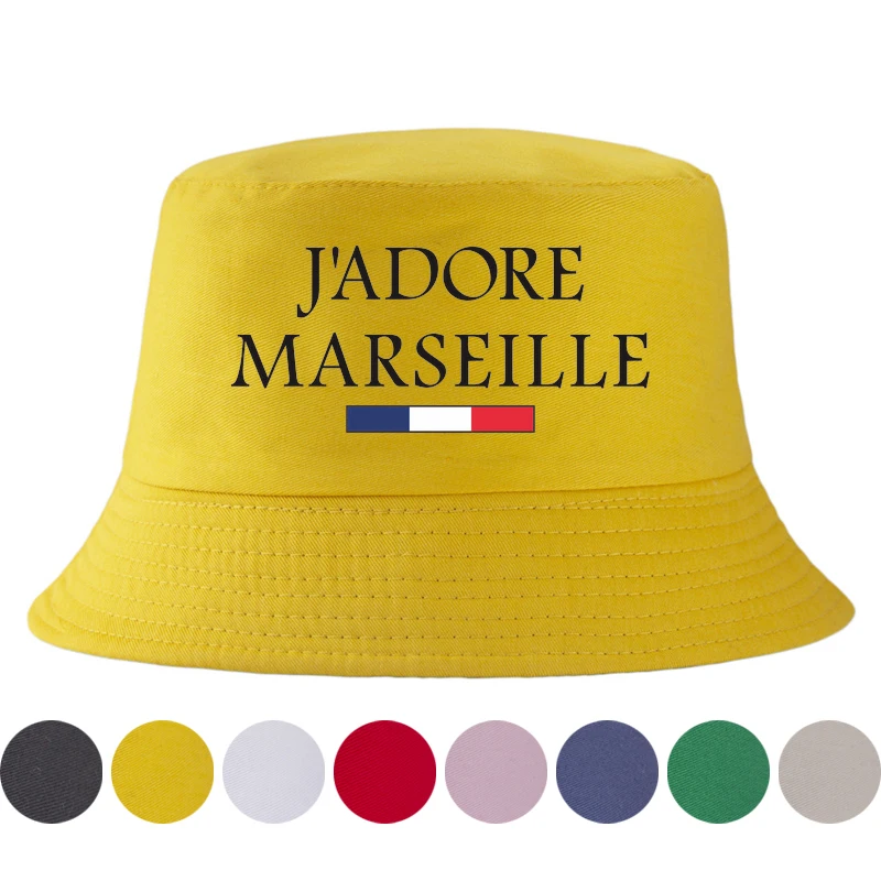French Style J'ADORE MARSEILLE Bucket Hat Reversible Fisherman Cap Two-Side Wear Summer Travel Sun Hat Casual Streetwear Bob