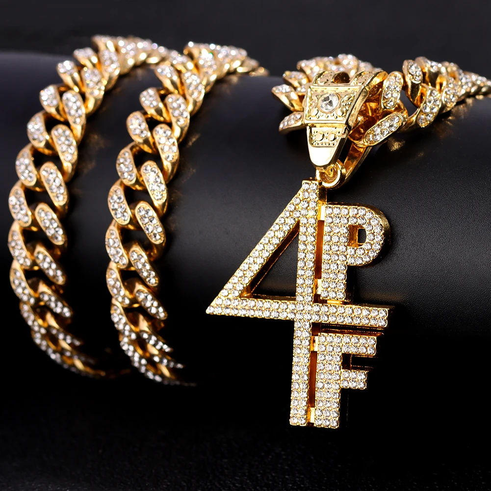 

Hip Hop New Men Women 4PF Letter Pendant Necklace Iced Out Bling Crystal 13mm Cuban Link Chain Necklaces Party Jewelry Gift