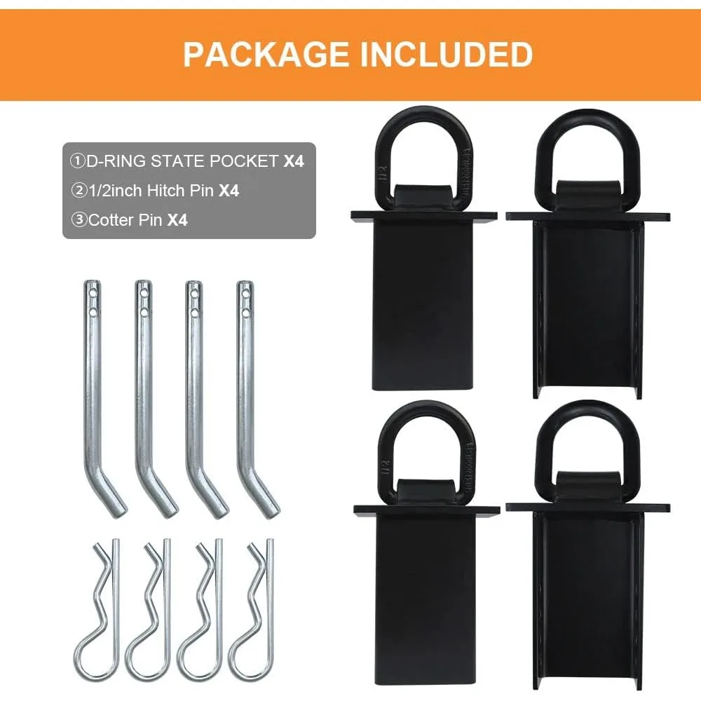 4PCS 16200lbs D Ring Tie Downs for Trucks and Trailers with Standard 2" x 4" Stake Pockets