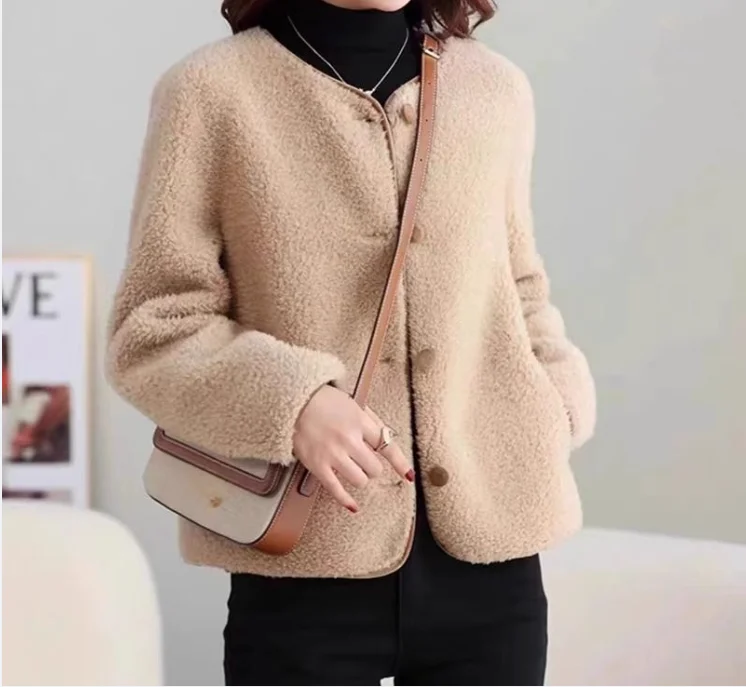 Autumn Winter Women Korean Fashion Luxury Chic Lamb Plush Button Jackets Retro Elegant Solid O Neck Long Sleeve Loose Warm Coats