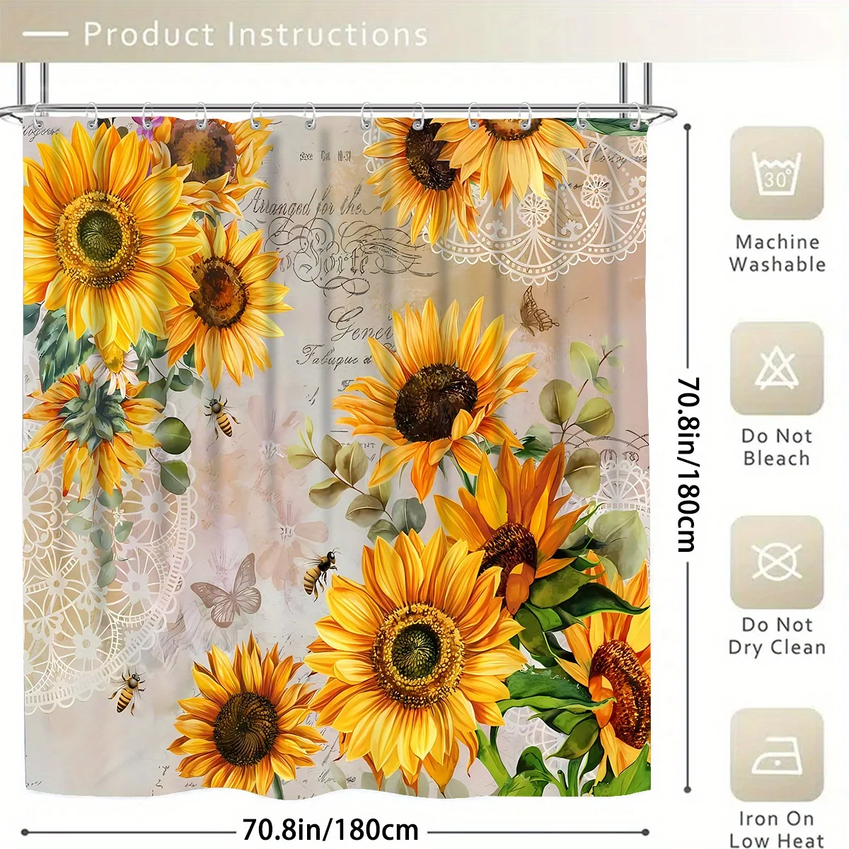 Sunflower Shower Curtain - Vibrant Polyester Bathroom Decoration with Unlined Knit Design, 12 Hooks for a Modern Home