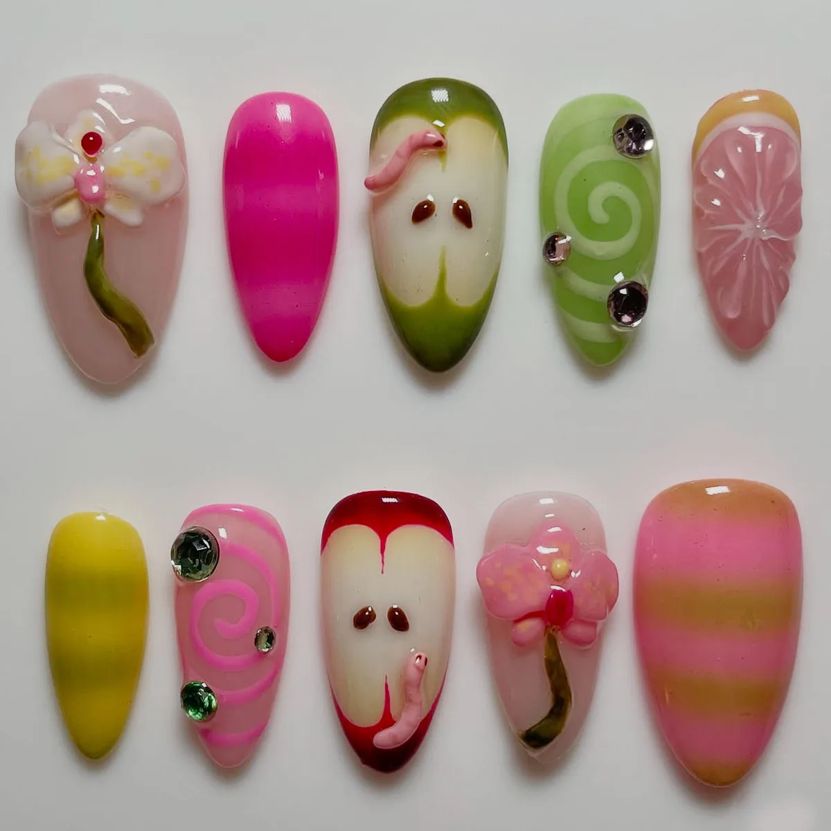 

10pcs Wearable Handmade False Nails Cute Colorful Cartoon Design Fake Nail Tip Rhinestone Fruit Stick on Nail Art Press on Nails