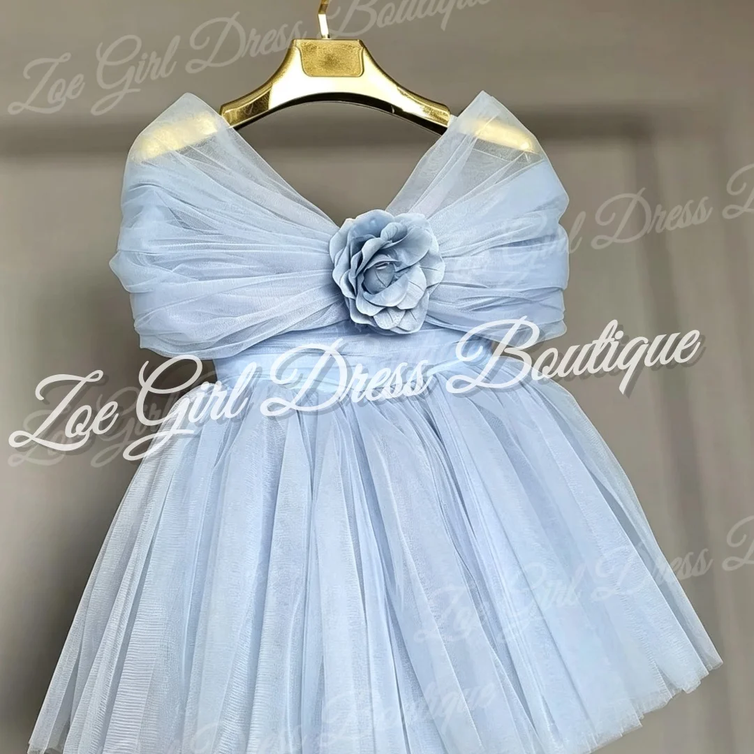 Light Blue Tulle 3D Flowers Short Puffy Flower Girl Dress Kids First Holy Communion Wedding Birthday Party Gowns Customized