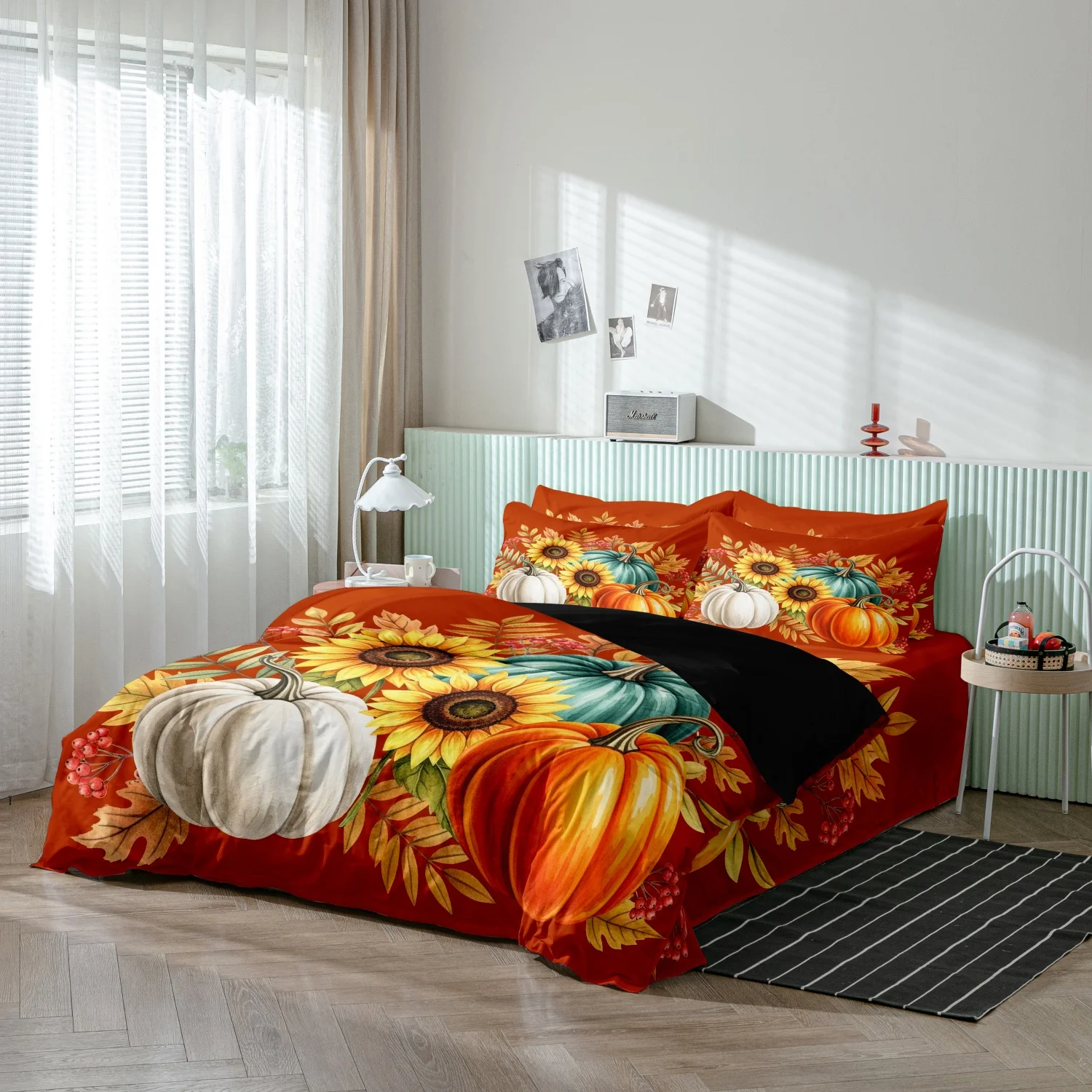 3 Pieces Rust Orange Sunflower Pumpkin Autumn Leaf Print Duvet Cover Set, Colorful Pumpkin Berry Fall Floral Print Bedding