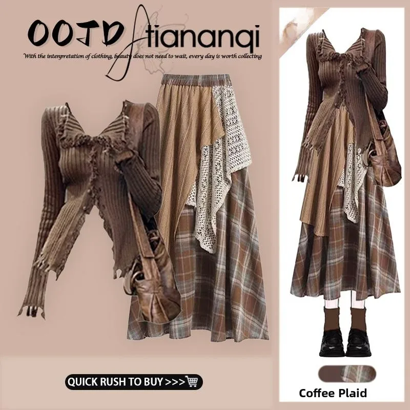 

Faionable Lace n Top And f Skirt Set Women's Spring 2026 New Sle Two-Piece Suit Ele V-Ne Long Sve Knit...