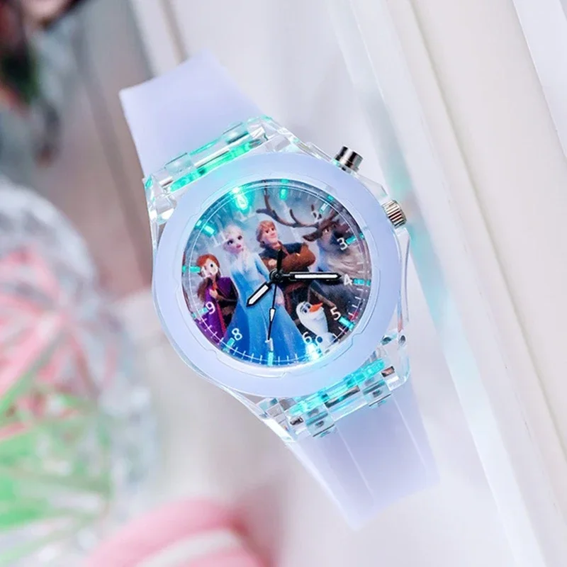 Disney Frozen Princess Pattern Led Glowing Flash Children Watch Toys Fashion Leather Quartz Wristwatch Christmas Gifts for Kids