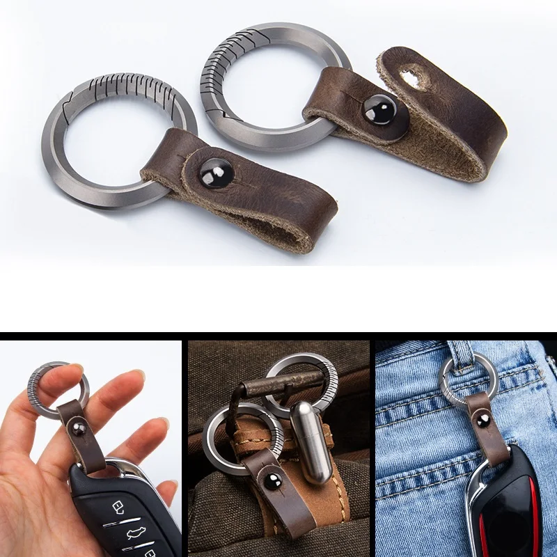 Titanium alloy keychain top layer leather car keychain pendant suitable for Mercedes Benz, BMW, Audi keycase universal use