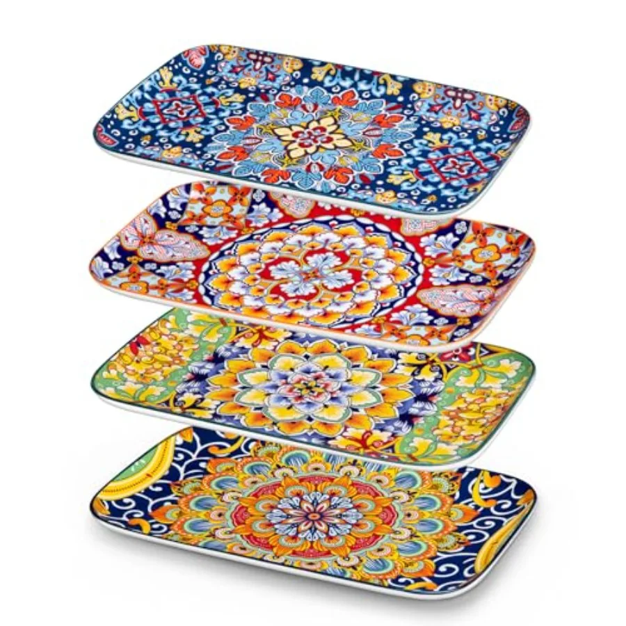 

Serving Platters Set of 4 12" x 7.4" Inch Rectangular Trays - Large Serving Dishes for Entertaining Food Bohemian Ceramic Servi