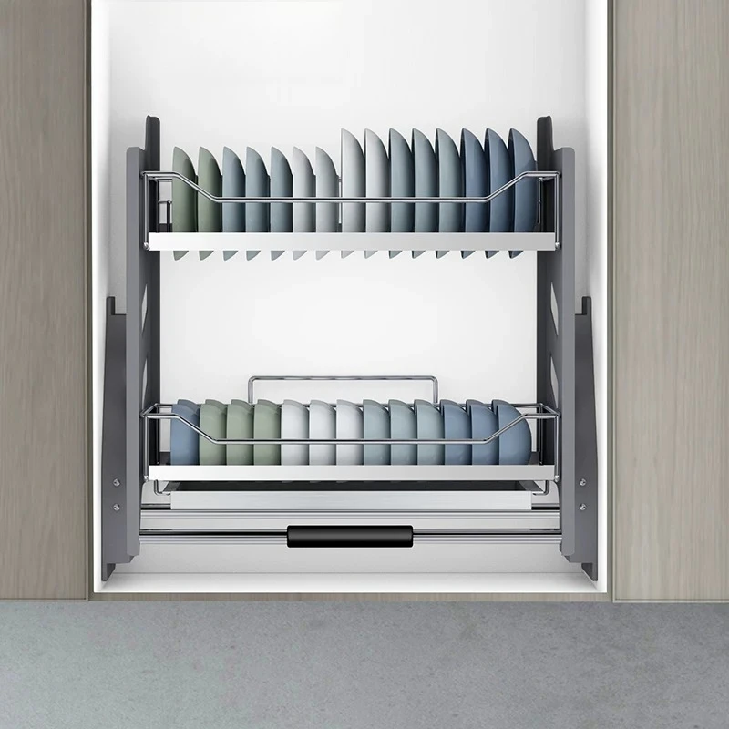 Damping Lift Dish Basket, 304 Stainless Steel Pull Down Storage Rack for Cabinet