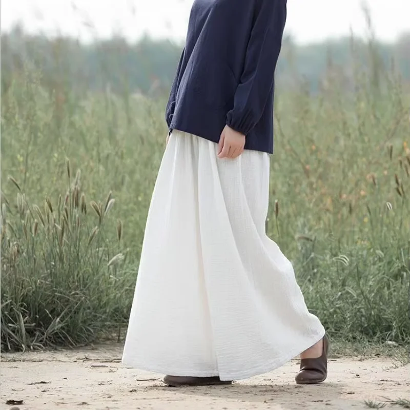 2026 Autumn Solid Loose casual Pants, 5XL 6XL Spring Women Vintage Elastic Waist Cotton Linen trousers Wide Leg long Pants