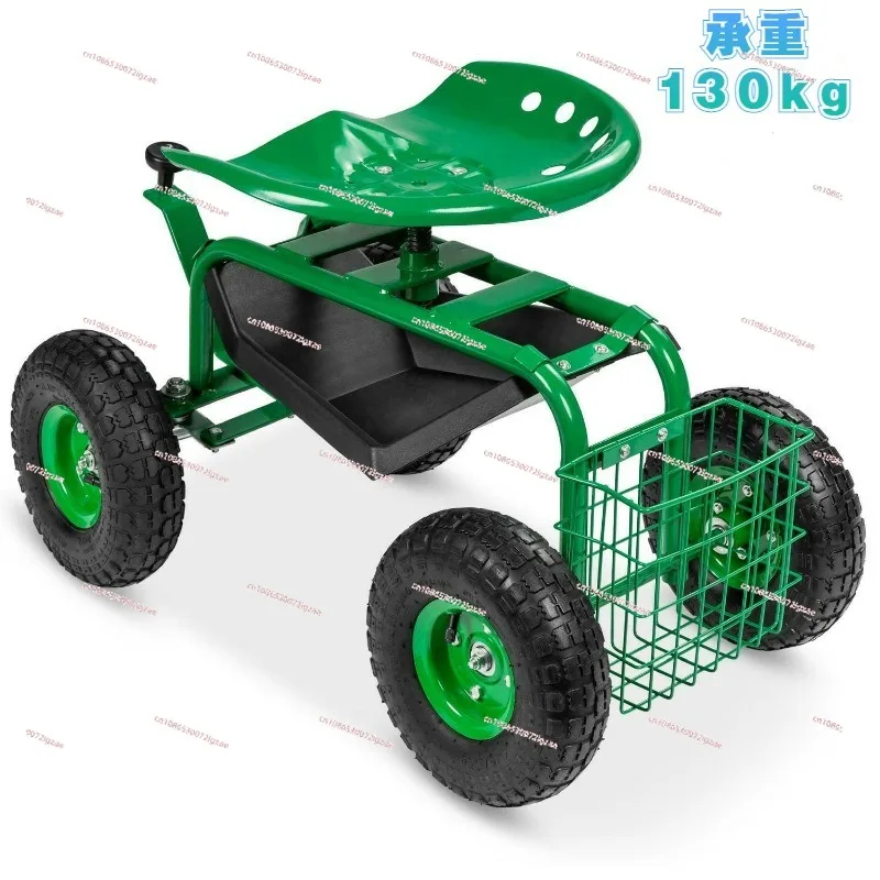 Movable Garden Seat Cart with 360-Degree Rotating Seat and Tool Tray